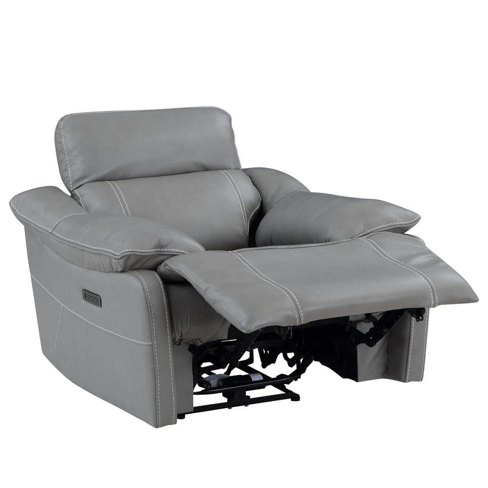 Gray Leather Power Recliner with Wood Accents