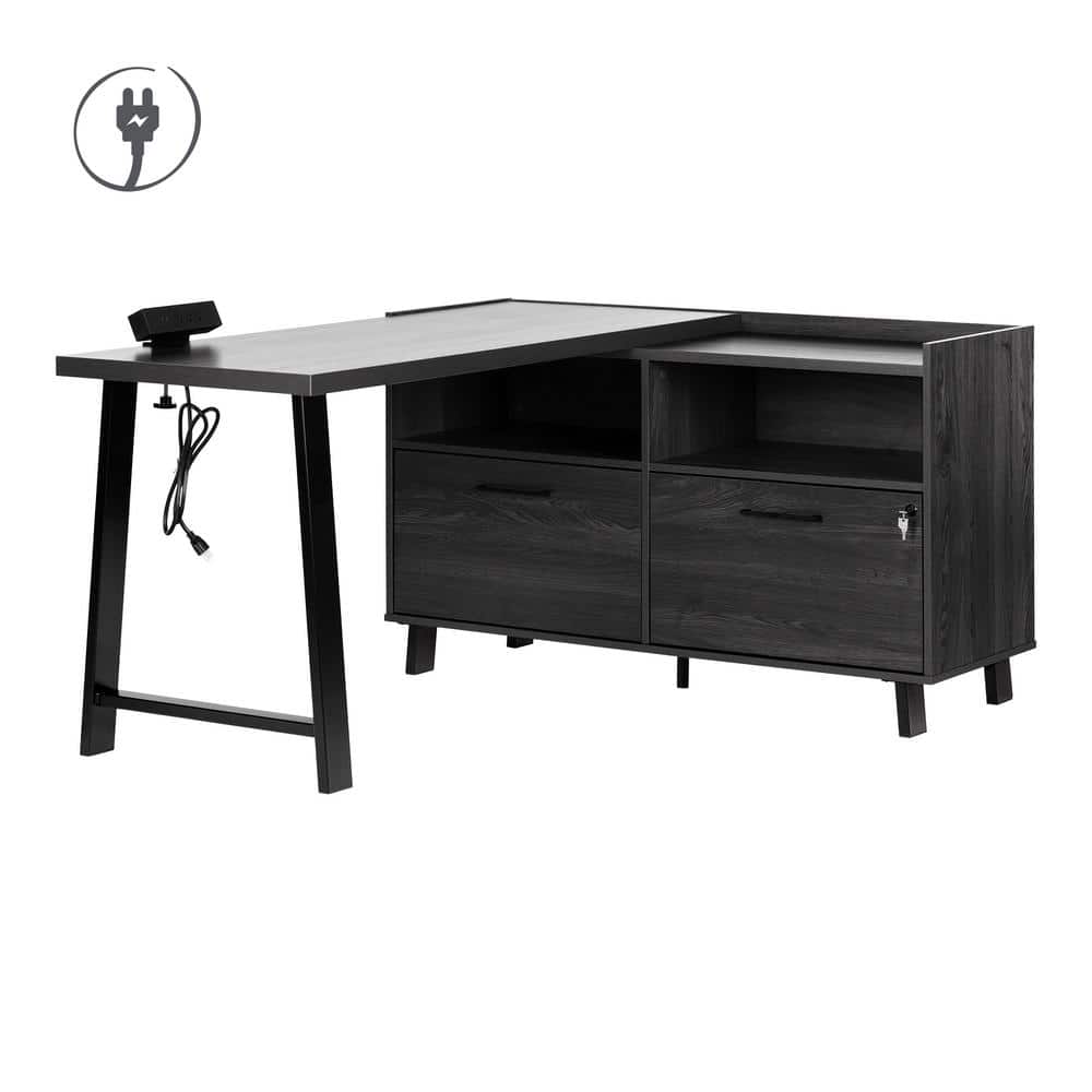 Gray Oak L-Shaped Computer Desk with Power Outlet and Filing Cabinet