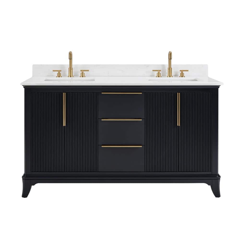 61 in. Double Sink Fluted Freestanding Midnight Blue Bath Vanity with Carrara White Stone Top  (Assembled) price history on PriceWatchPro