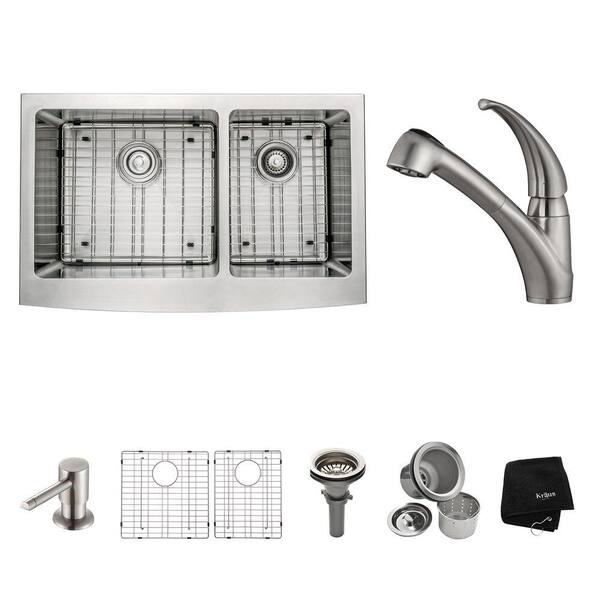 KRAUS All-in-One Farmhouse Apron Front Stainless Steel 33 in. Double Basin Kitchen Sink with Faucet in Stainless Steel