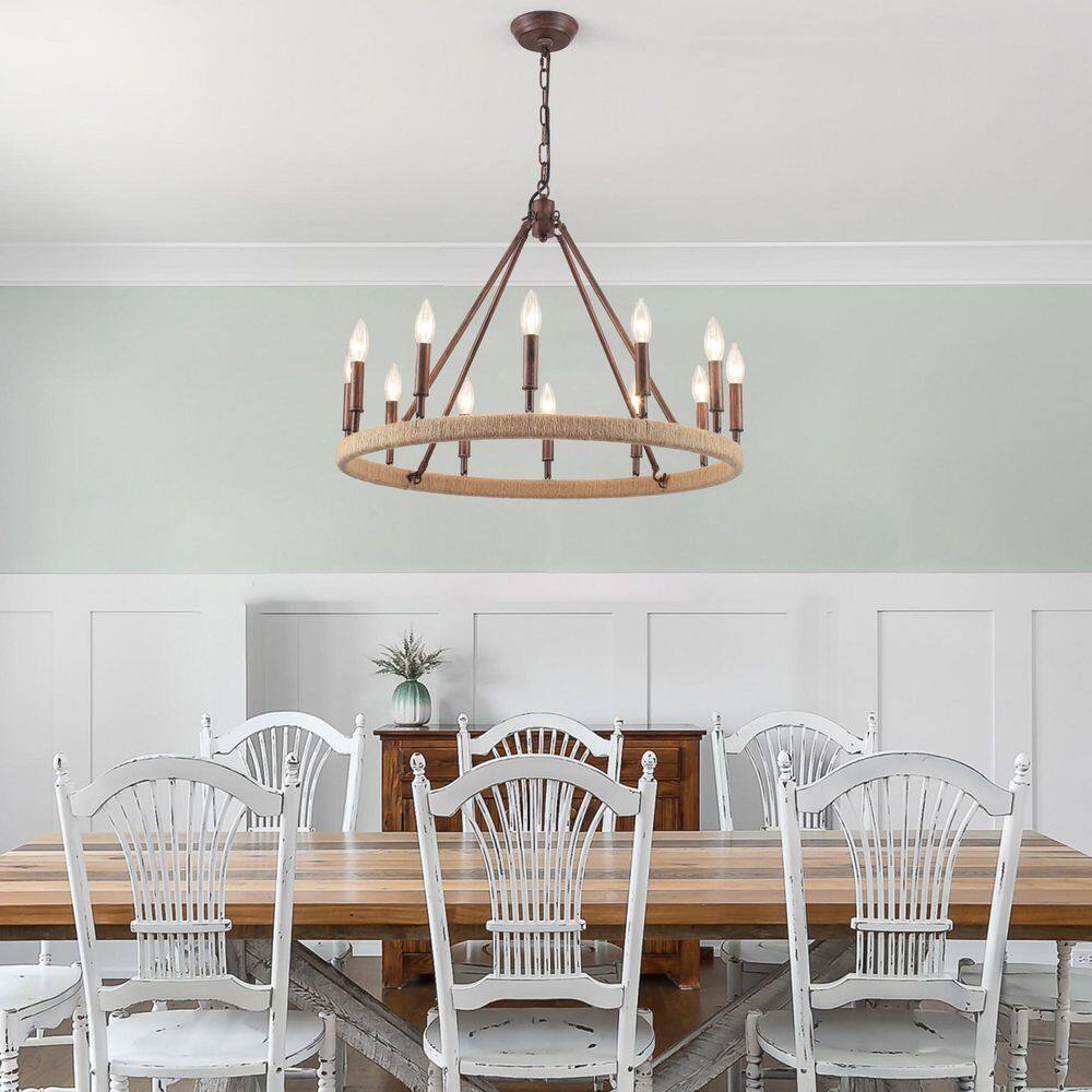 12-Light Red Candlestick Hemp Rope Farmhouse Wagon Wheel Chandelier Linear Pendant Light for Kitchen Island price history on PriceWatchPro