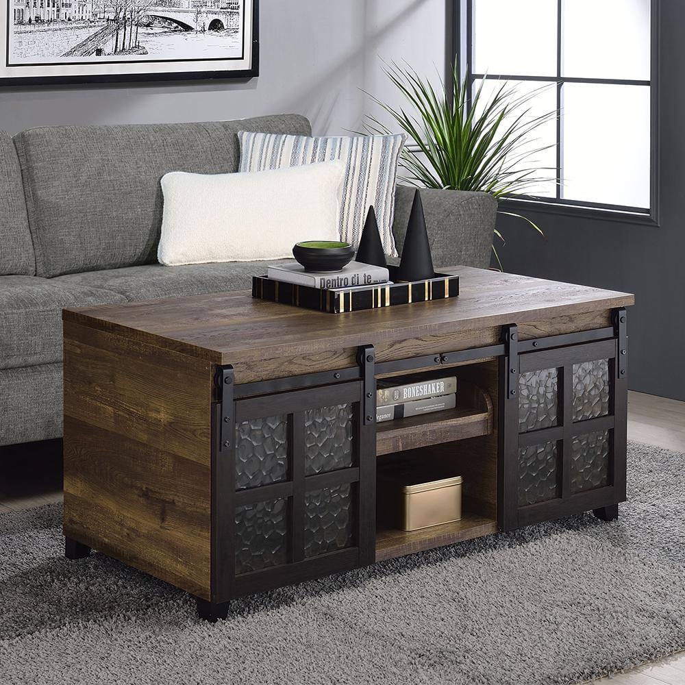 Rustic Oak and Black Rectangular Wood Glass Coffee Table with Storage