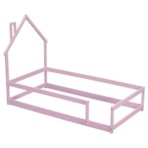 Pink Twin Size Wood Frame Floor Bed with House-Shaped Headboard and Fence Twin Montessori House Bed Frame for Kids