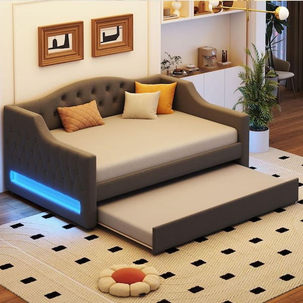 Gray Upholstered Full XL Size Daybed with LED Belt and Trundle