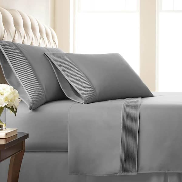 Southshore Fine Linens Vilano Pleated 21 in. Extra-Deep Pocket 4-Piece Grey California King Microfiber Sheet Set
