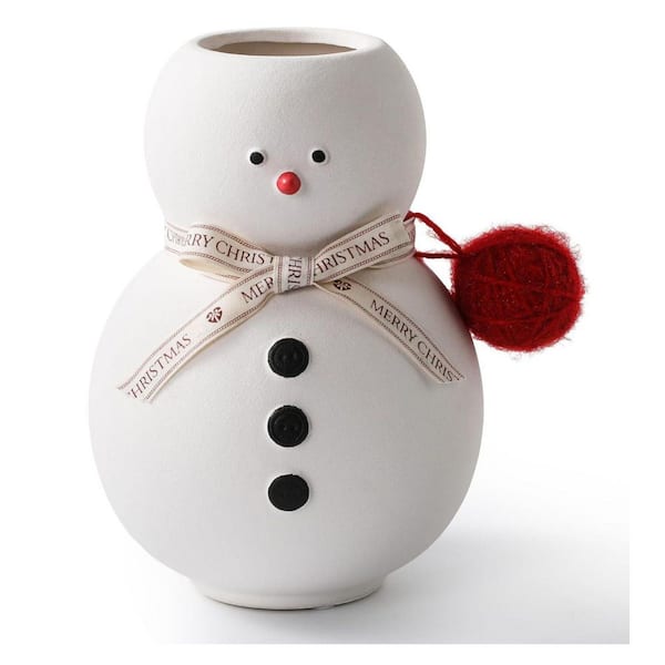 9.1 in. Snowman Series White Ceramic Round Decorative Vase with Holiday Ribbon Accent, Rustic Farmhouse Christmas Decor
