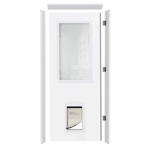 30 in. x 80 in. Right-Hand 1 Lite Frosted Glass Entry Door Slab with Pet Door, Door Header& Legs, Pre-installed Hinge