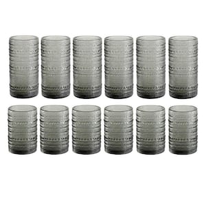 Vintage Embossed Hobnail Glassware Set of 12, 12 oz./15 oz. Glasses Drinking set, Includes 1 Cleaning Brush, Gray