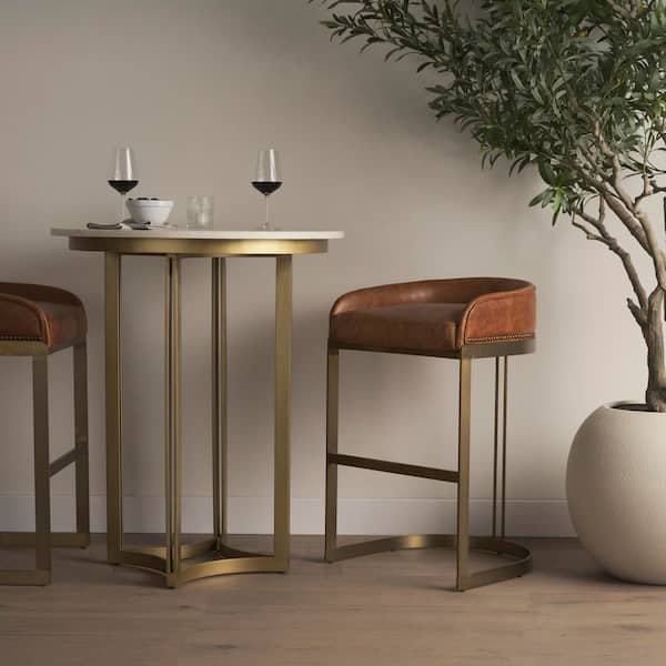 Tanner Contemporary White Marble and Gold Metal 32 in. Pedestal Base Dining Table Seating Capacity: 2