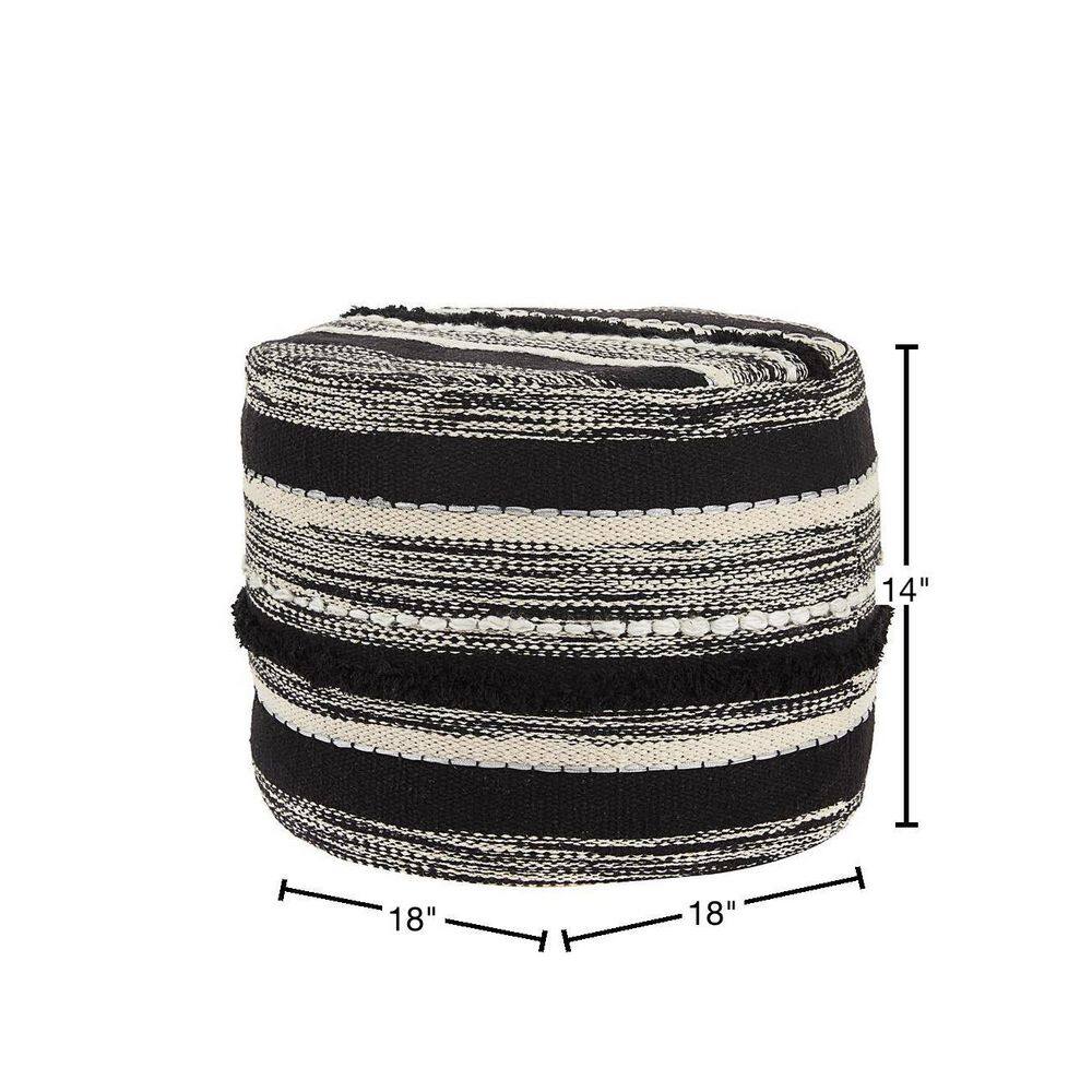 Chic Monochrome Striped Cotton Round Pouf, Black & Natural, 18"x14"