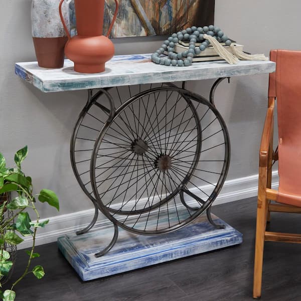 Litton Lane 38 in. Blue Large Rectangle Wood Wide Slatted Top Bike Console Table with Dual Wheel Frame and Tiered Base