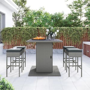 5-Piece PE Wicker Square Counter Height Outdoor Dining Table Set with Gray Cushions, Storage Shelf and 4 Padded Stools