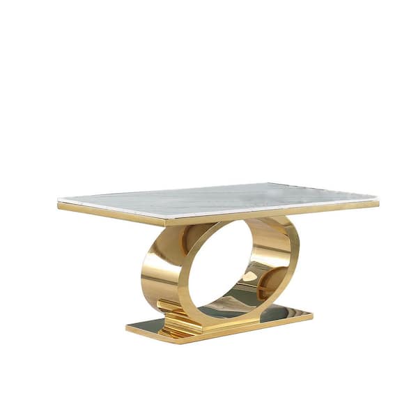 Best Quality Furniture Ibraim White Marble/Silver 39 in. in Pedestal Polished Gold Stainless Steel Dining Table Seating 6 Capacity