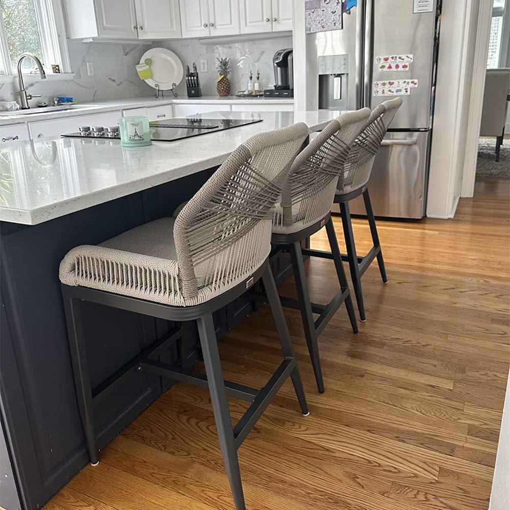 Modern Aluminum Twill Wicker Woven Bar Height Outdoor Bar Stool with Back and Dark Gray Cushion (2-Pack) price history on PriceWatchPro