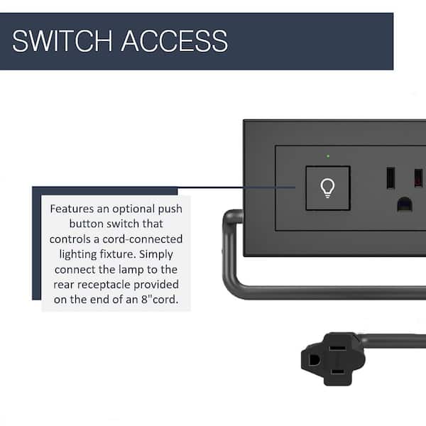 radiant 15 Amp Black 2-Outlet and 2 Type A/C USB Recessed Furniture Power Strip with Switch and 6 Ft. Cord