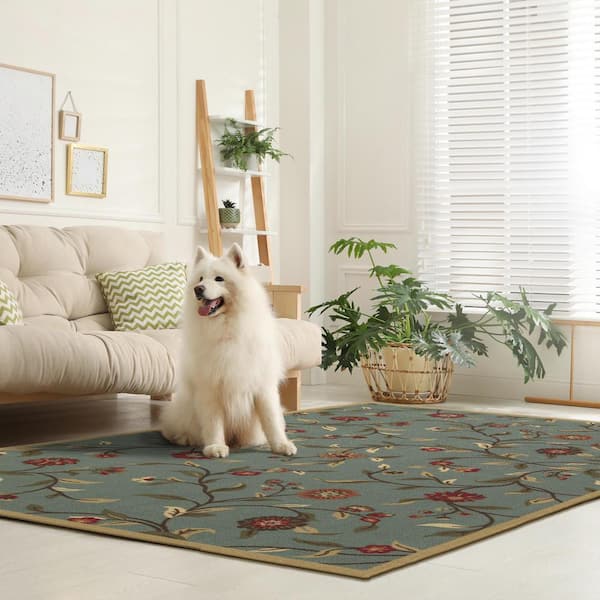 Ottohome Collection Non-Slip Rubberback Floral Leaves 3x5 Indoor Area Rug, 3 ft. 3 in. x 5 ft., Dark Seafoam Green