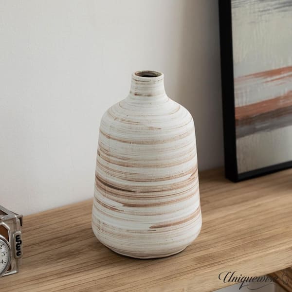 Uniquewise 11in. Whitewashed Bottle-Neck Decorative Pottery Flower Vase Boho Home Decor for Living Room and Entryway Ceramic- Round