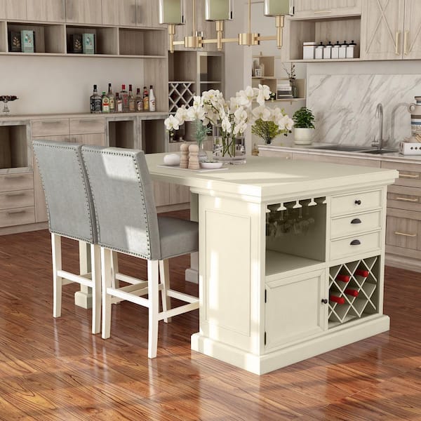 Alex 3-Piece White Wood 66 in. Kitchen Island Set