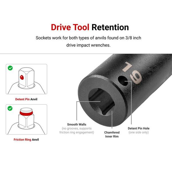 TEKTON 3/8 Inch Drive Shallow, Semi-Deep, and Deep 6-Point Impact