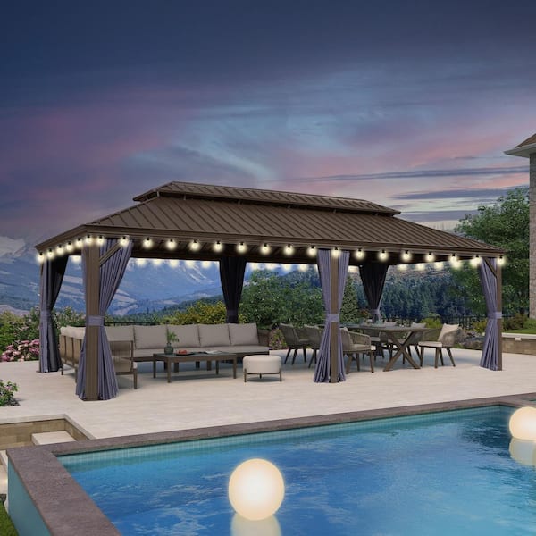 12 ft.x 24 ft.Bronze Patio Outdoor Gazebo for Backyard Hardtop Aluminum Frame with Hooks Netting Blue Curtain 48-Lights