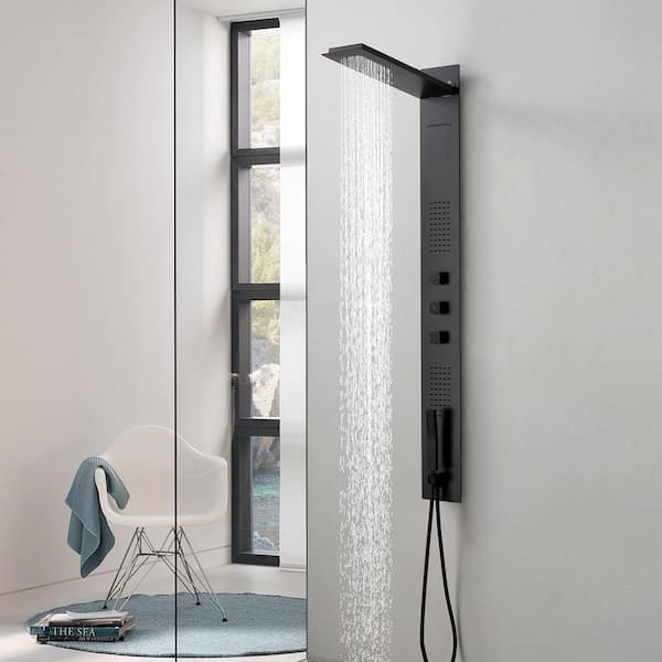 2-Jet Rainfall Shower Panel System with Rainfall Shower Head and Shower Wand in Black