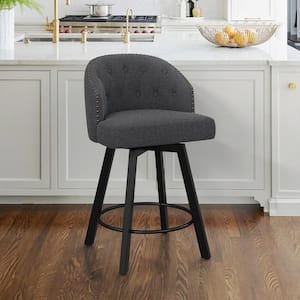26 in. Dark Gray Fabric Metal Frame Upholstered Counter Height Swivel Bar Stools With Bronze Rivets