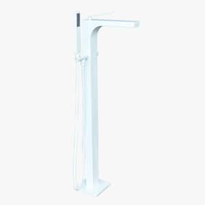 Qubic Single-Handle Floor Mount Freestanding Tub Filler Faucet with Hand Shower in Matte White