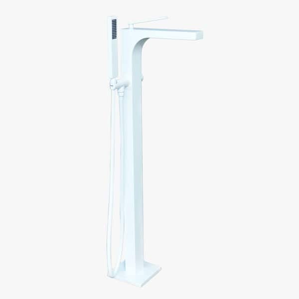 Westbrass Qubic Single-Handle Floor Mount Freestanding Tub Filler Faucet with Hand Shower in Matte White