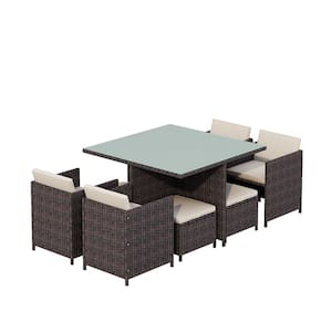 9-Piece Wicker Outdoor Dining Set with Beige Cushion