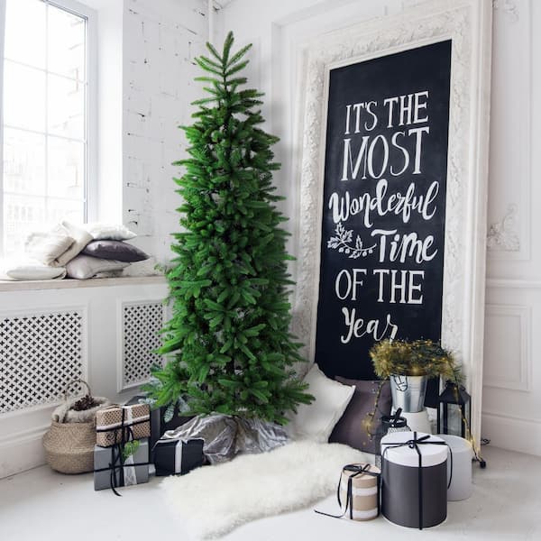 Fraser Hill Farm 7.5-ft. Pre-Lit Carmel Pine Slim Green Artificial Christmas Tree, Clear Smart Lights