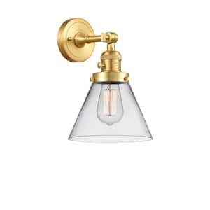 Cone 1-Light Satin Gold Wall Sconce with Clear Glass Shade