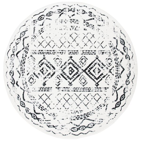 Tulum 3 ft. x 3 ft. Round Ivory/Black Border Tribal Distressed Area Rug