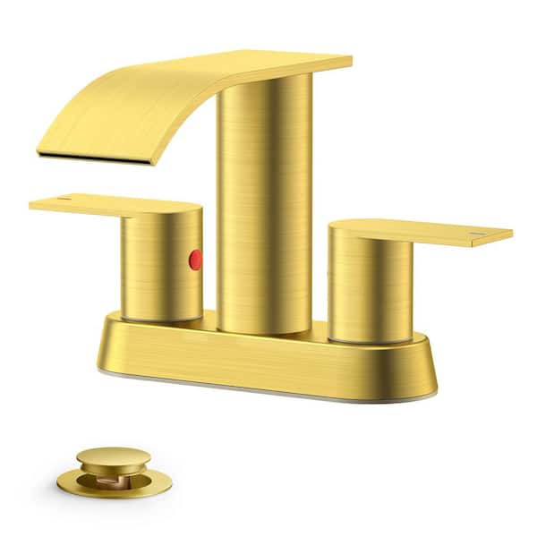 FURUISI 4 in. Centerset Double Handle Low Arc Bathroom Faucet with Drain Kit Included in Matte Gold
