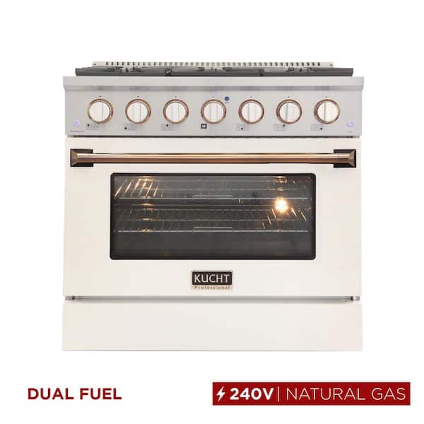 36 in. 5.2 cu. ft. Dual Fuel Range with Gas Stove and Electric Oven with Convection Oven in White with Gold Handle