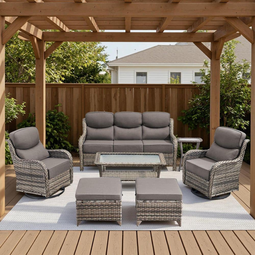 Arcadia Gray 7-Piece Wicker Patio Conversation Set with Coffee Table and 7 in. Thick Olefin Gray Cushions price history on PriceWatchPro