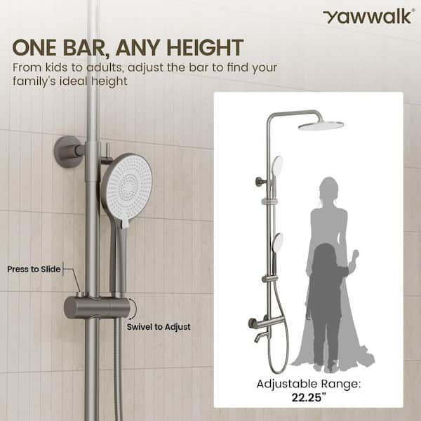 YAWWALK 10 in. Round 3-Spray Wall Bar Shower Kit with Fixed Head
