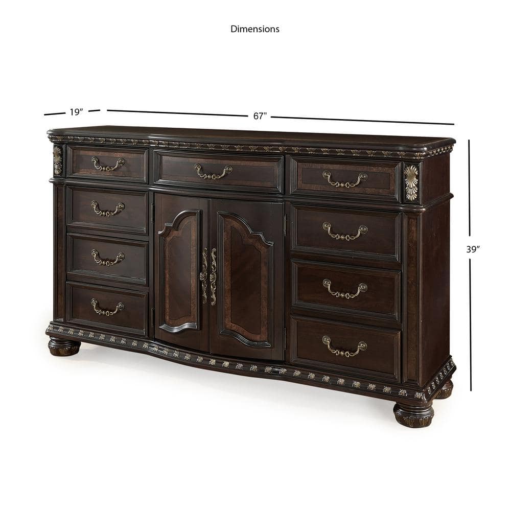 Cocoa Brown Traditional 9-Drawer Dresser with Gold Floral Accents