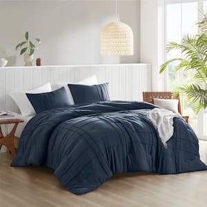 Porter 3-Piece Navy Microfiber Queen Soft Washed Pleated Comforter Set