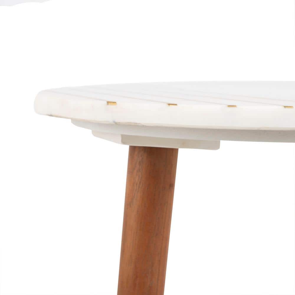 Transitional Round Wood & Stone Accent Table with Brass Inlay