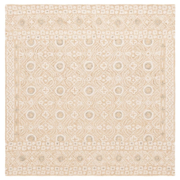 Micro-Loop 5 ft. x 5 ft. Square Gold/Ivory Distressed Border Area Rug