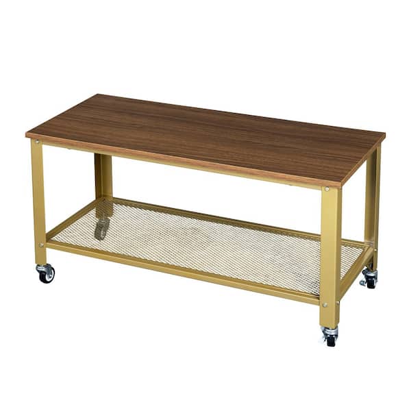 ANBAZAR 2-Tier Gold Coffee Table with Wheels and Mesh Shelf