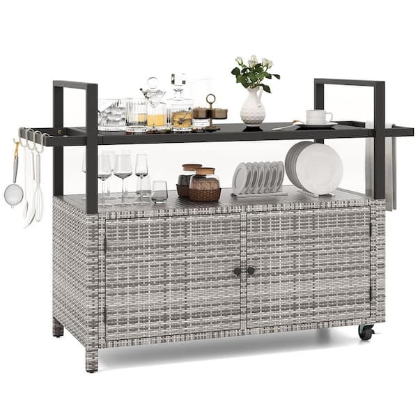 Gray Outdoor Bar Cart Wicker Buffet Kitchen Cart with Cabinet and 8-Hooks