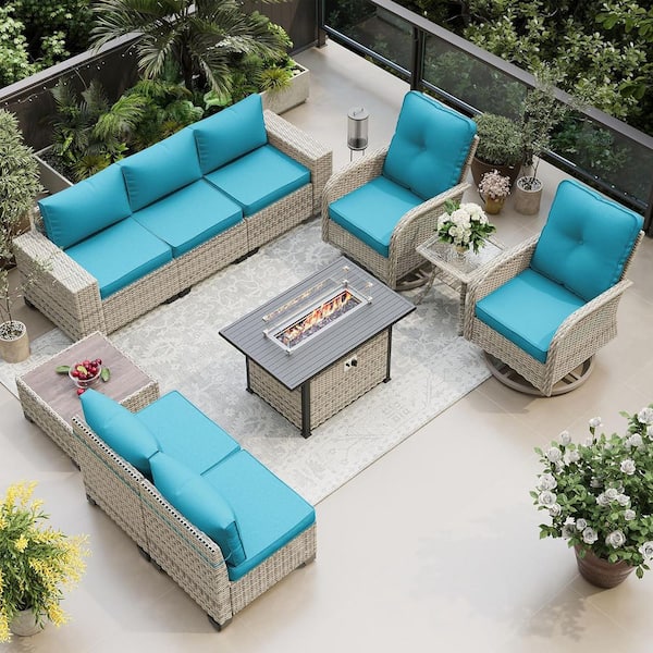 muphyers 10-Piece Wicker Patio Conversation Set with Fire Pit Table and Top Table. Swivel Rocking Chairs with Turquoise Cushions