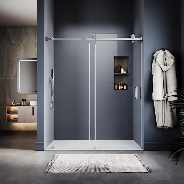 UNIKOO UKS05 66 to 72 in. W x 76 in. H Sliding Frameless Shower Door in Brushed Nickel, EnduroShield 3/8 in. SGCC Clear Glass