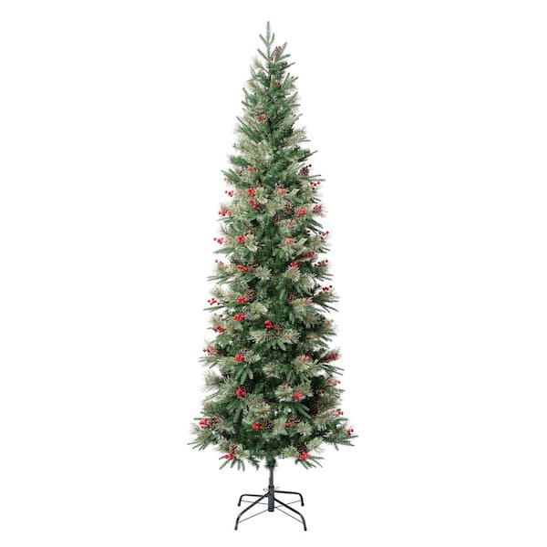 7.5 ft. Unlit Feel Real Virginia Pine Slim Mixed Hinged Artificial Christmas Tree with Berries and Pinecones