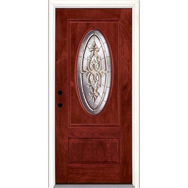 Feather River Doors 37.5 in. x 81.625 in. Silverdale Zinc 3/4 Oval Lite Stained Cherry Mahogany Right-Hand Fiberglass Prehung Front Door