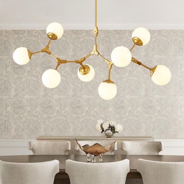 56 in. Modern Gold 8-Light Glass Globe Sputnik Linear Chandelier for Dining Room, Mid Century Kitchen Pendant Light