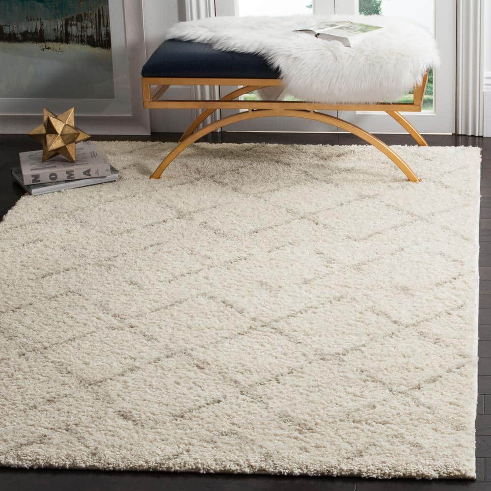 Ivory Beige Geometric Shag 10' x 10' Square Area Rug