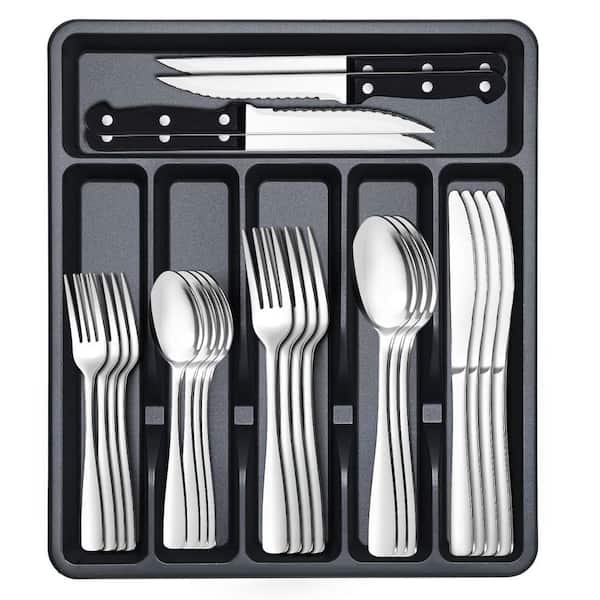 49-Piece Silver Stainless Steel Flatware Set with Steak Knives and Drawer Organizer (Service for 8), Dishwasher Safe