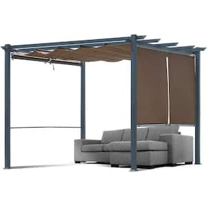 10 ft. x 10 ft. Gray Aluminum Frame Patio Pergola with Khaki Retractable Shade Top Canopy and 4-Pieces Roller Shade